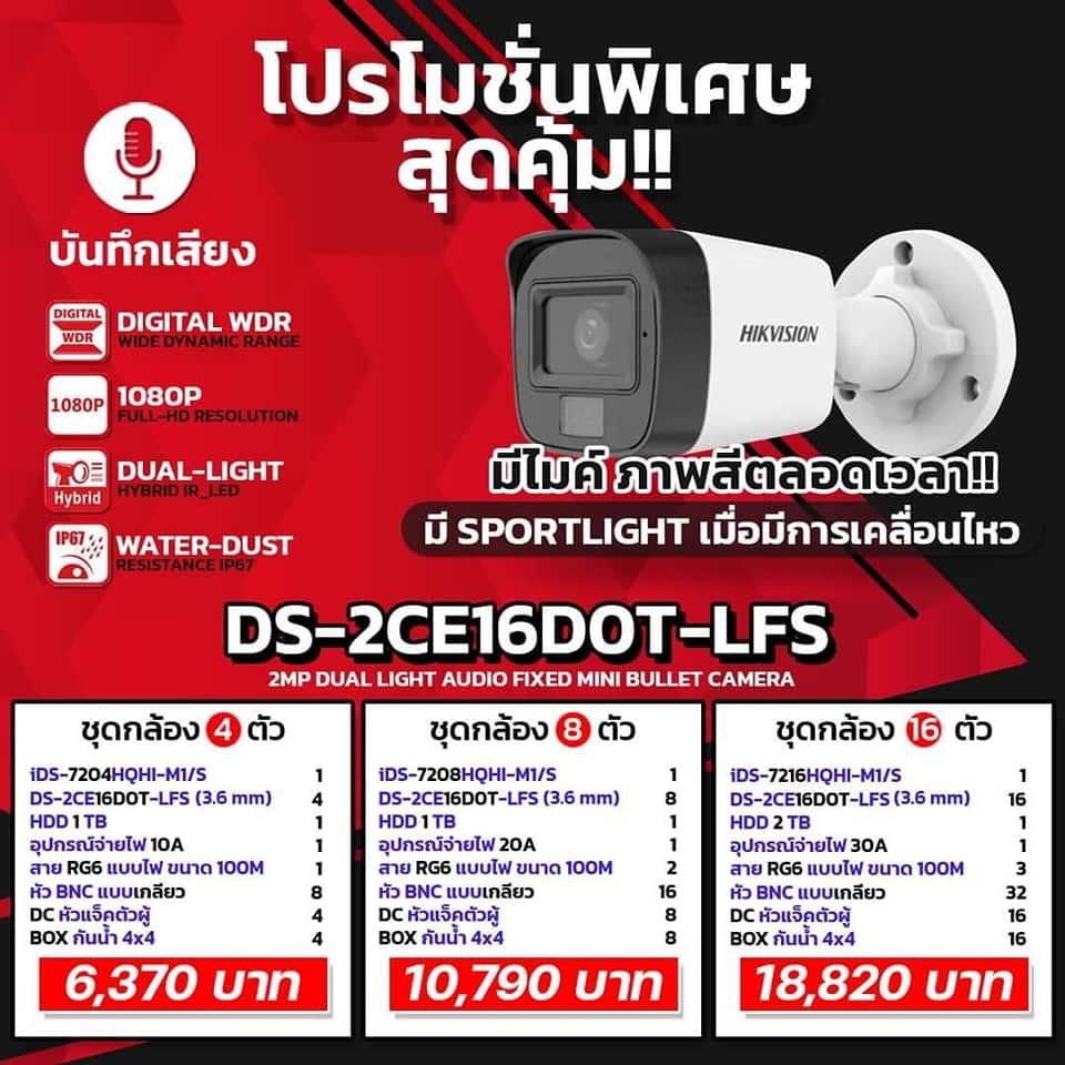 ชุดกล้องวงจรปิด 16 ตัว Hikvision อนาลอค 2 ล้านพิกเซล